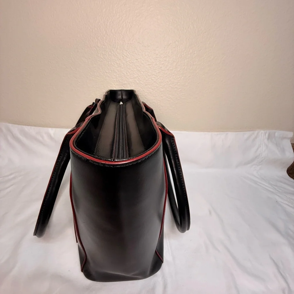 Lodis Black Red Edging Genuine Leather Large Tablet Tote Bag RFID & Cosmetic Bag